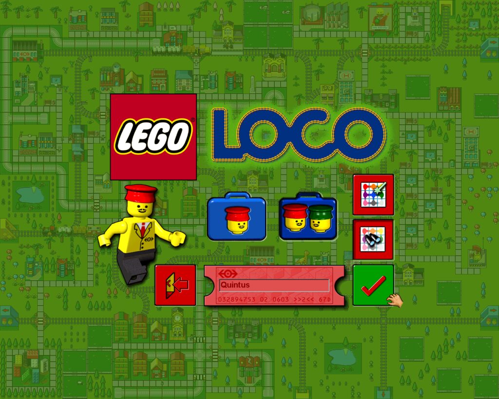 LEGO Loco's main menu screen, shows buttons and a happy background.